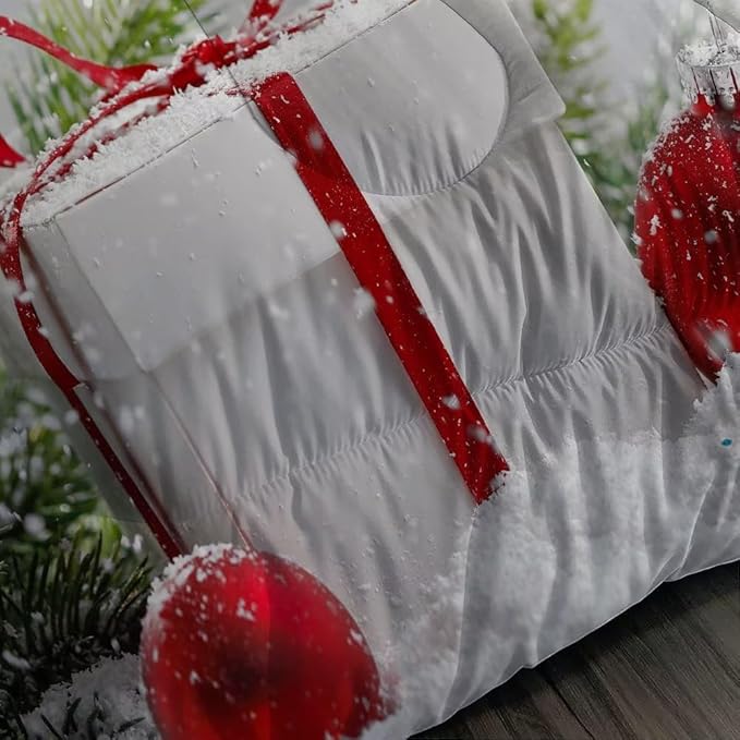 kxry Christmas Comforter Set Snow Scene Evergreen Bough Bedding Queen Size for Girls Boys Kids Gift Box Red Balls Quilt Duvet 1 Comforter + 2 Pillow Cases