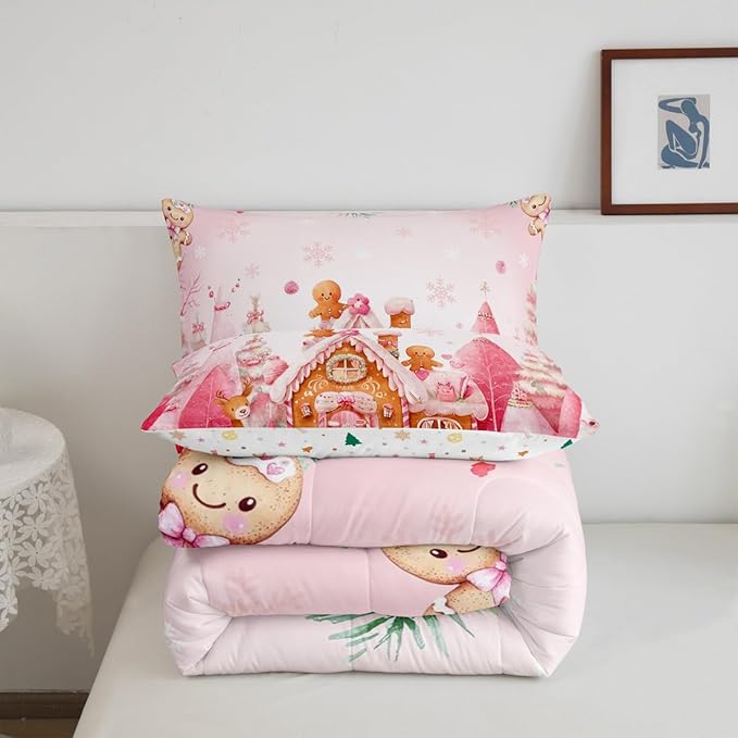 jejeloiu Kids Christmas Theme Comforter Set King Size Cute Deer Gingerbread Man Bedding Set for Boys Girls Teens Pink Xmas Tree Candy House Winter Snowflake Duvet Quilt Room Decor