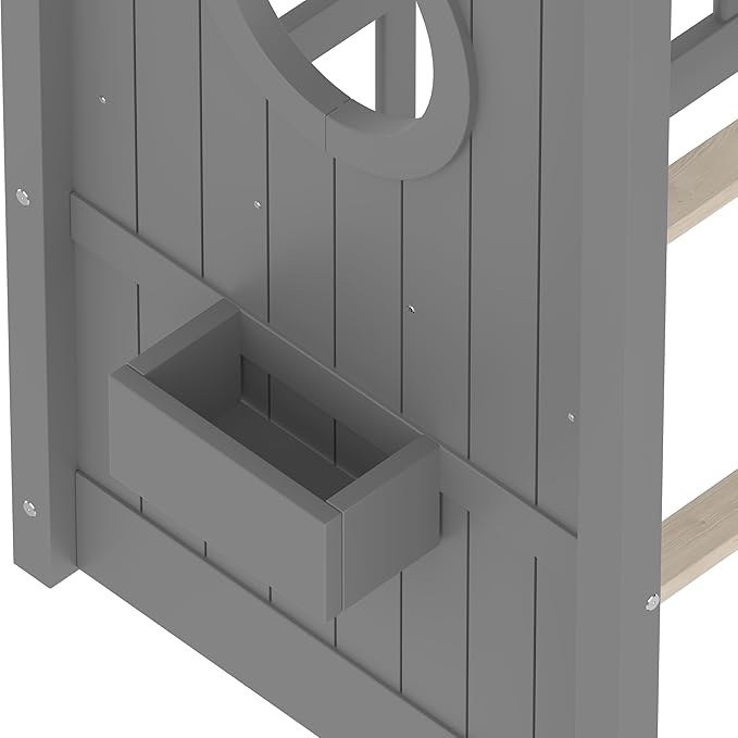 Twin Size Floor House Bed with Roof and Window for Kids, Wooden Playhouse Bed with Storage Shelves for Bedroom Furniture Girls & Boys (Gray/L2, Twin)