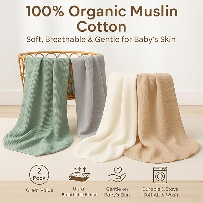 Organic Crib Sheets Large Size 52x28x9 Inches 2 Pack Beige Muslin Sheets, Gentle Baby Crib Bedding, Stretchy Fit for Rectangular & Oval Crib Mattress, No Shrink After Wash