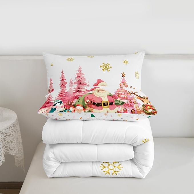 jejeloiu Merry Christmas Comforter Set Toddler Size Santa Claus Bedding Set for Kids Boys Girls Cute Deer Duvet Quilt White Bedroom Decor