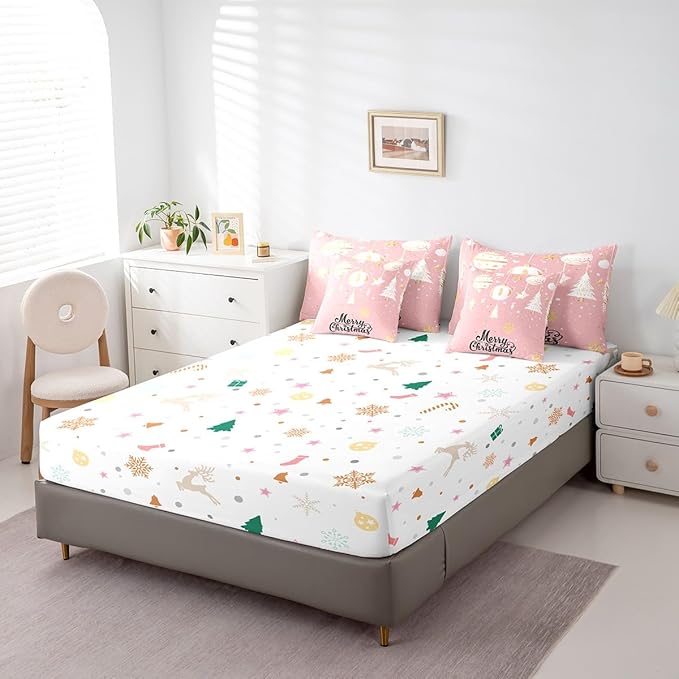 Feelyou Christmas Tree Bed Set for Children Kids Boys Girls Pink Xmas Theme Bed in a Bag Glitter Snowflake Star Comforter Set with Sheets Room Decor Bedding Set King Size