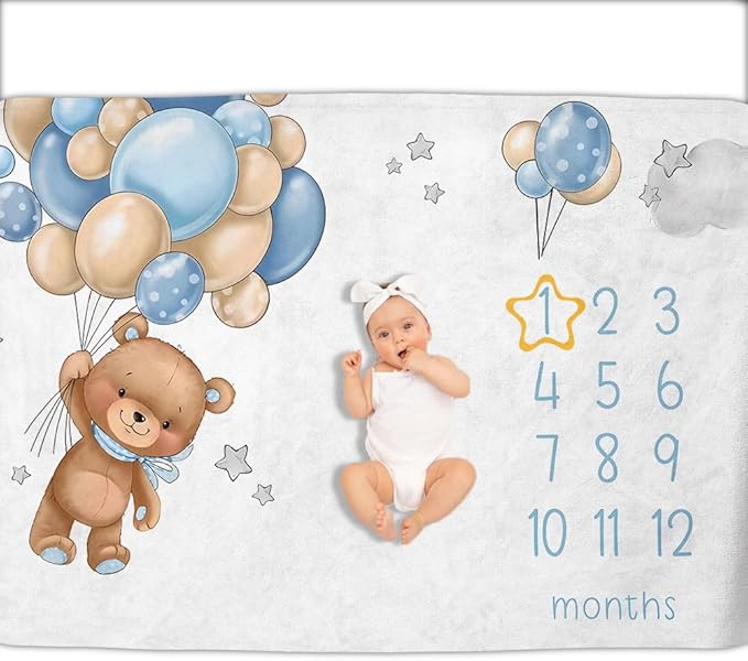 OLIVE OLIVIA Cartoon Baby Monthly Milestone Blanket, First 12 Months Baby Milestone Blanket for Baby Girls, Baby boy Blankets, Perfect Baby Blanket Gifts with Pentagram Frame, 50"x60"