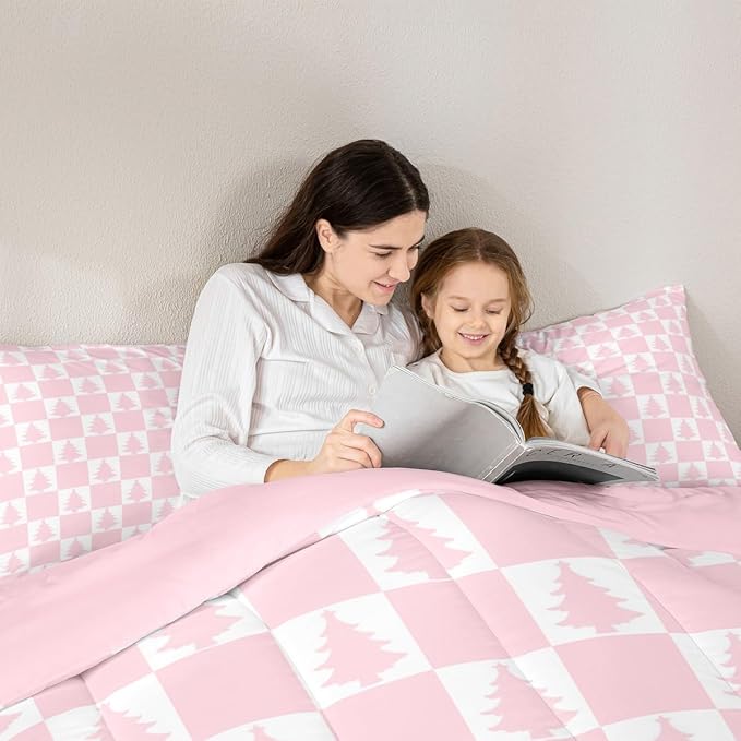 Feelyou Christmas Bedding Set Soft for Boys Girls, Checkered Comforter Set Twin Size Christmas Tree Duvet Quilt Microfiber Xmas Decorations Bedroom Decor Pink 2 Pcs with 1 Pillow Cases