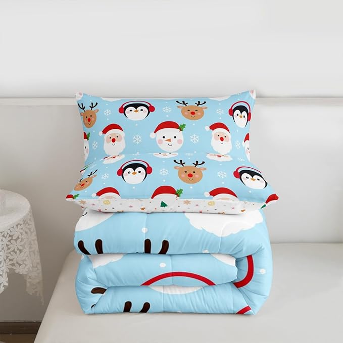 Feelyou Merry Christmas Comforter Set All Season Santa Claus Bedding Set with 2 Pillow Cases Deer Penguin Microfiber Kids Queen Bedclothes Snowman Bedroom Decor Duvet Quilt Breathable Soft Lightweight