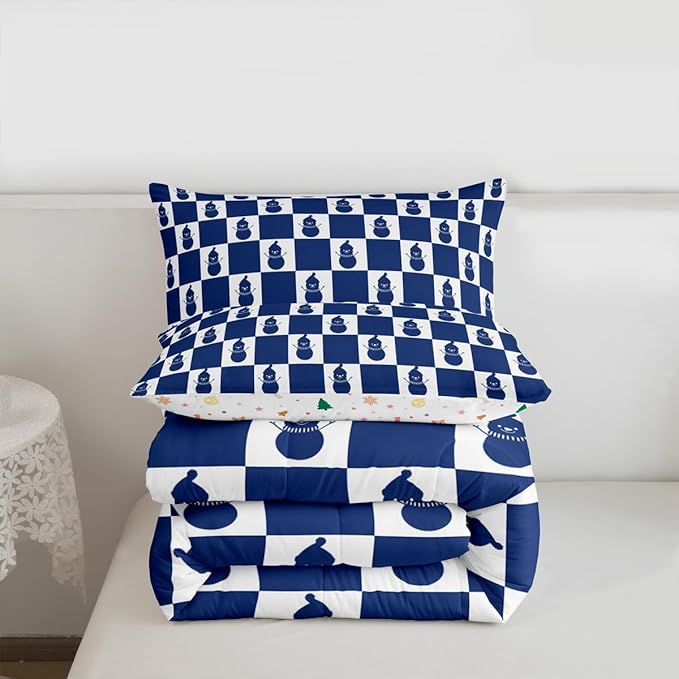 Feelyou Christmas Comforter Set All Season Checkered Bedding Set with 2 Pillow Cases Snowman Kids Full Bedclothes Xmas Decorations Bedroom Decor Blue Duvet Quilt Breathable Soft Lightweight