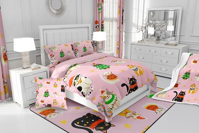 Erosebridal Christmas Decor Quilts Cute Cats Comforter Set Full Size for Kids Boys Girls Bedroom Xmas Tree Bedding Set Cartoon Animal Down Comforter with 2 Pillow Cases