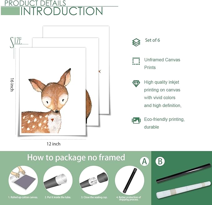 gooptyinh 6 Pieces Woodland Animals Nursery Canvas Wall Art Cute Safari Jungle Animal Deer Bear Bunny Pictures Room Posters Farmhouse Forest Theme Fox Squirrel Raccoon Prints Decor 12x16in Unframed