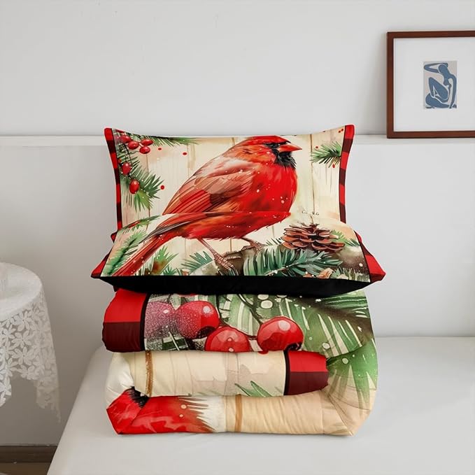 jejeloiu Kids Red Cardinal Comforter Set Twin Size Christmas Red Black Plaid Bedding Set for Boys Girls Teens Xmas Birds Winter Rustic Wood Plank Animal Duvet Quilt Room Decor