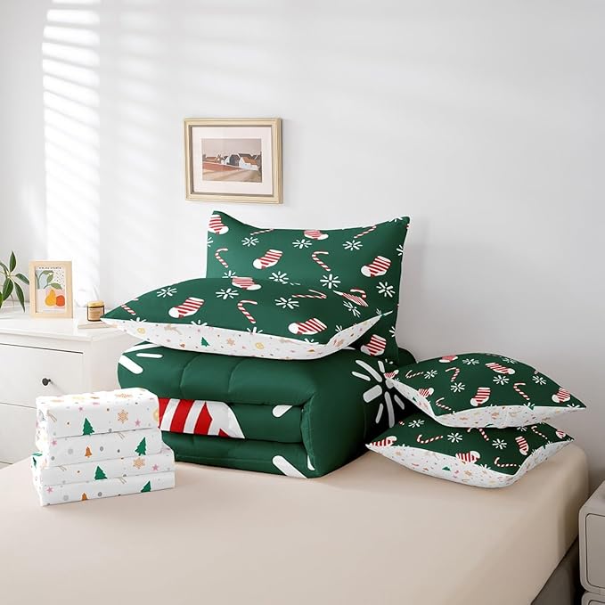 Merry Christmas Kids Bedding Set Xmas Theme Comforter Set with Sheets for Boys Girls Christmas Stockings Snowflake Decor Bed in a Bag Green Pink Xmas Theme Bed Set 7Pcs Queen Size