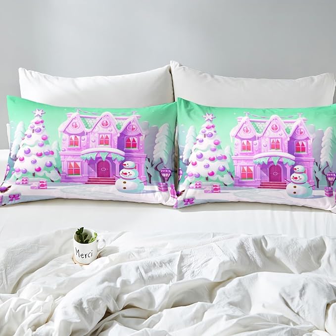 Feelyou Merry Christmas Comforter Cover Set Christmas Tree Snowman Duvet Cover Set for Kids Boys Girls Bedroom Bed Decor Xmas Christmas Purple Bedding Set Full Size Soft Quilt Cover,No Comforter