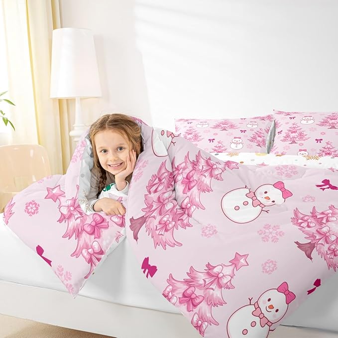 Feelyou Merry Christmas Bedding Set Soft for Boys Girls, Cute Snowman Comforter Set King Size Cartoon Bowknot Duvet Quilt Microfiber Christmas Tree 3 Pcs with 2 Pillow Cases