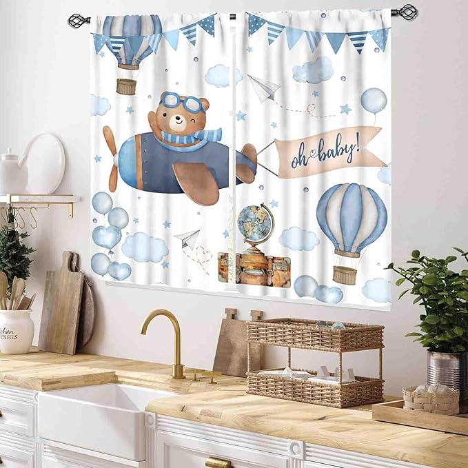 Cartoon Bear Curtains, Kids Boys Girls Cute Lovely Bear Adventure Airplane Cloud Pastel Blue Window Drapery Treatments for Baby Living Room Bedroom Nursey Toddler Classroom 2 Panels, 55x39 Inch