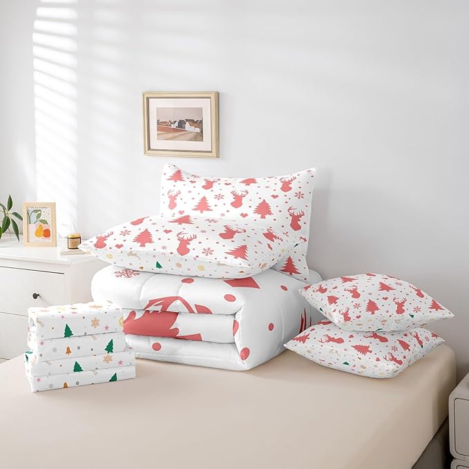 Merry Christmas Bed in a Bag for Boys Girls Deer Silhouette Antler Cute Wildlife Bed Set Xmas Tree Snowflake Comforter Set with Sheets Pink Bedding Set Bedroom Collection Full Size