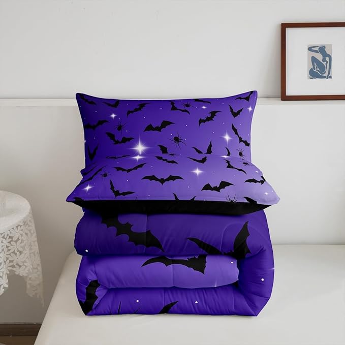 Erosebridal Bat Comforter Set Toddler Size for Kids Galaxy Glitter Bedding Set with 1 Pillow Case Happy Halloween Quilt Gothic Spooky Down Comforter Purple and Black