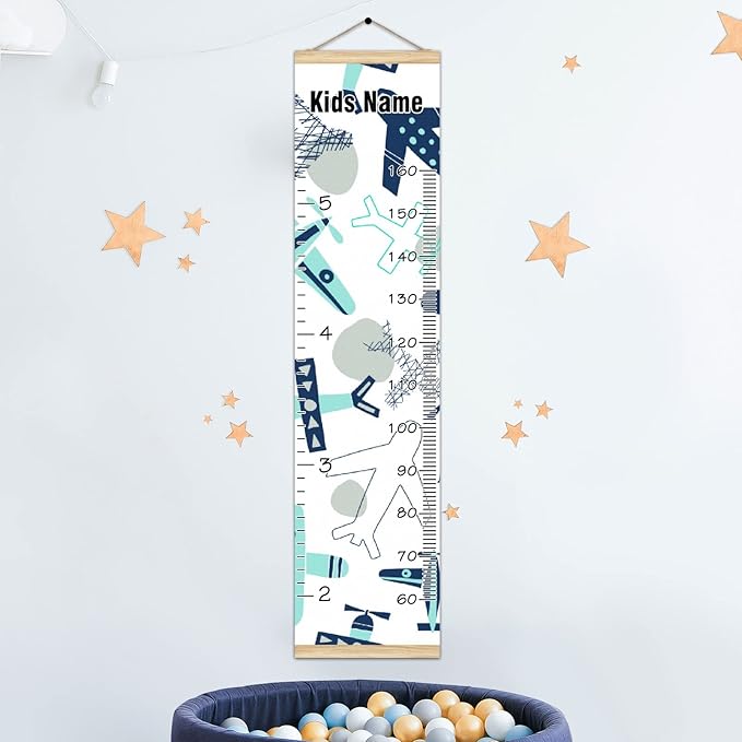 Personalized Kids Name Growth Chart Ruler for Wall Wood Frame Height Measure Chart 13.4x56 in Linen Hanging Height Growth Chart Airplane Collection Kids Room Decor