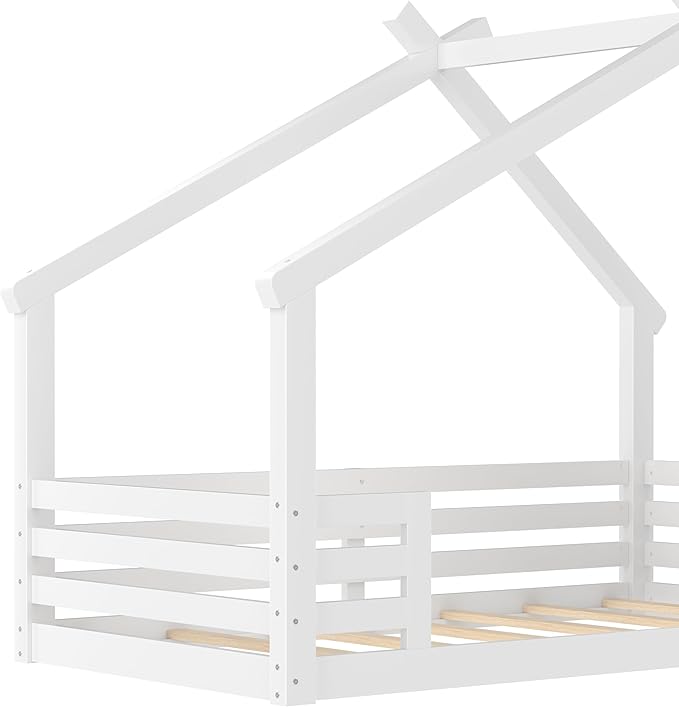 SOFTSEA Twin Size House Bed Frame, Kids Floor House Bed with Window and with Storage Shelf for Boys Girls, Wood Montessori Bed with Slats and Guardrails, White
