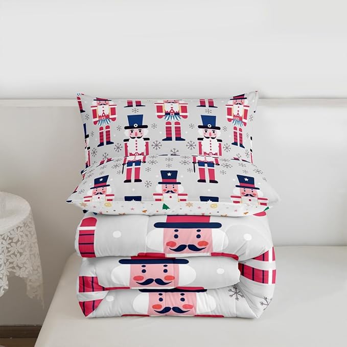 Feelyou Cute Nutcracker Comforter Set Full Size Christmas Ornaments Bedding Set for Kids Boys Girls Xmas Snowflake Duvet Quilt Soldier Bedroom Decor Kawaii Microfiber 3 Pcs with 2 Pillow Cases