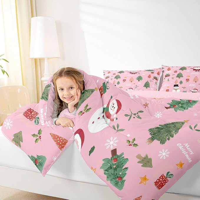 Feelyou Pink Christmas Comforter Set King Size Snowman Bedding Set for Kids Boys Girls Xmas Tree Duvet Quilt Bedroom Decor Microfiber 3 Pcs with 2 Pillow Cases