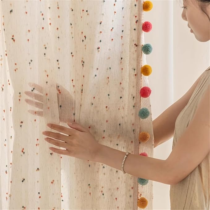 Boho Rainbow Sheer Curtain with Colorful Pom Pom Voile Drapes Light Filtering Faux Linen Stripe Pompom Rod Pocket Window Drapes for Boys/Girls Bedroom/Nursery 2 Panels (W78 X L102 Inch-2PCS,White)