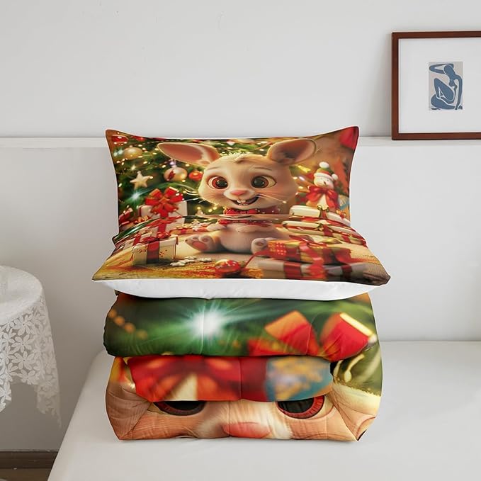 Cartoon Rabbit Bedding Set Full Size,Merry Christmas Comforter Set for Kids Boys Girls Room Decor,Christmas Tree Star Snowflake Duvet Insert 3Pcs,Cute Animal Xmas Fashion Quilt Set,2 Pillowcases