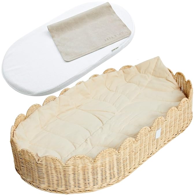 Bebe Bask Premium Baby Changing Basket - Artisan-Crafted Scalloped Rattan - Changing Basket for Baby Dresser - All Accessories Included - Complete Set for Nursery (Natural)