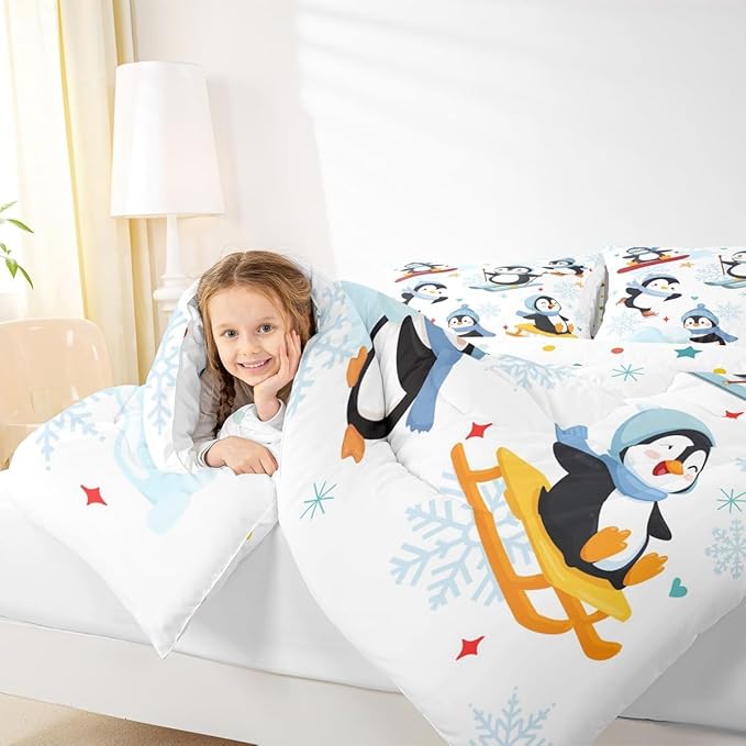 Merry Christmas Theme 3 Pcs King Size Comforter Set,Winter Snowflake New Year Down Alternative Adults Bedroom Decor,Cute Cartoon Skiing Penguin Ultra Soft Microfiber Inner Fill 3 Pcs Bedding