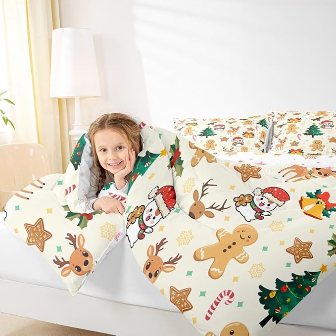 Feelyou Merry Christmas Kids Comforter Set King Size Gingerbread Man Bedding Set Cute Deer Duvet Quilt for Kids Boys Girls Bedroom Christmas Tree Decor Microfiber Ultra Soft Breathable