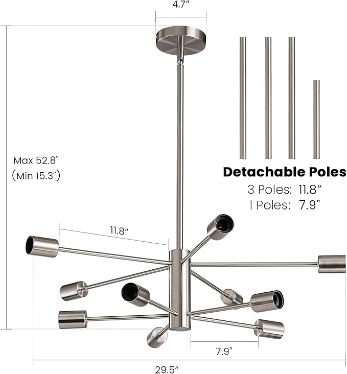 Modern Sputnik Chandeliers Light, 10 Lights Brushed Nickel Chandeliers for Dining Room, E26 Height Adjustable Chandelier Ceiling Lighting Fixture for Farmhouse Kitchen Island Living Room Foyer