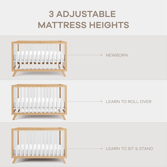 Comfy Cubs Baby Crib for 0 to 3 Years - Adjustable Mattress Height, Natural Wooden Crib for Baby, Elegant Nursery Furniture - 80 lbs Capacity Nursery Bed - White Bars with Natural Wood Frame and Legs