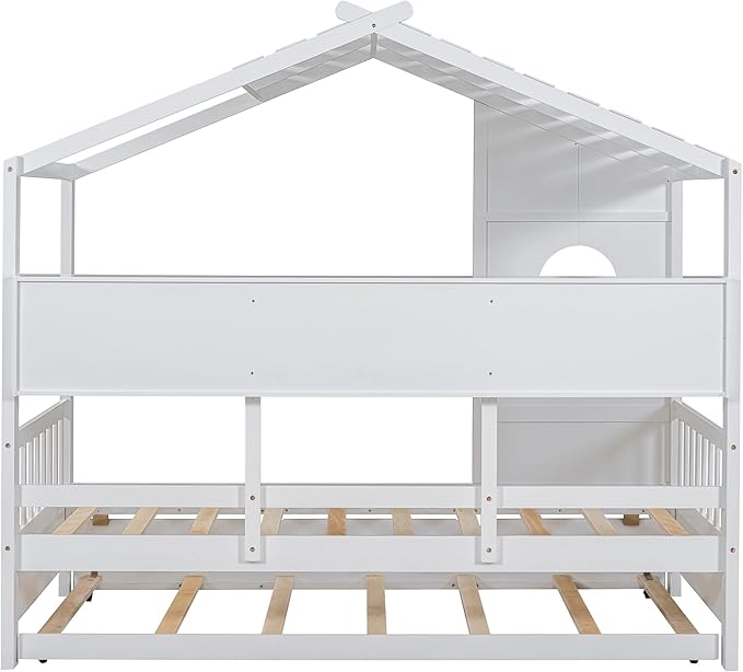 Harper & Bright Designs Twin Size Modern House Bed with Roof, Wooden Twin Kids House Bed Frame with Trundle and Storage Shelf, White