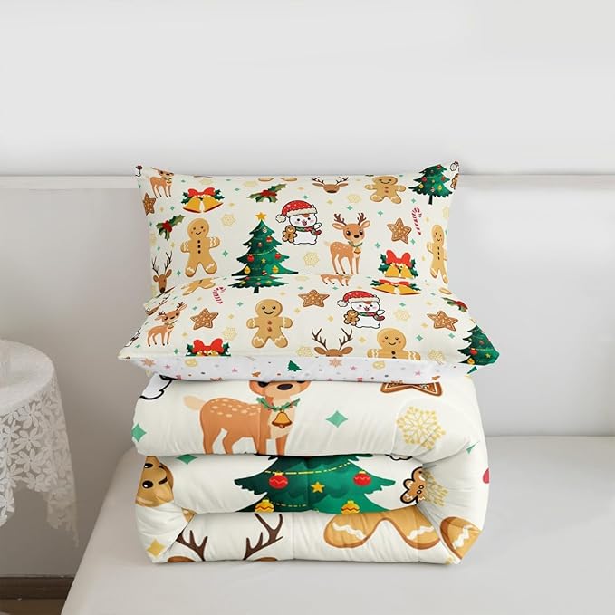 Feelyou Merry Christmas Kids Comforter Set Twin Size Gingerbread Man Bedding Set Cute Deer Duvet Quilt for Kids Boys Girls Bedroom Christmas Tree Decor Microfiber Ultra Soft Breathable