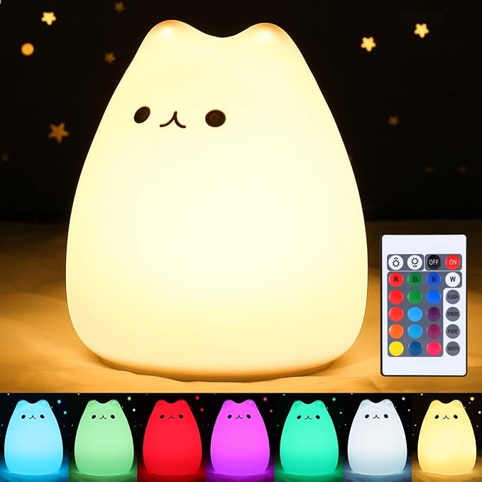 ZKLiLi Cute Remote Cat Nursery Night Lights USB Rechargeable Cat Lamp Nightlight Birthday Christmas Gift with Warm White and 7-Color Breathing Modes for Kids Baby Children (renqimao)