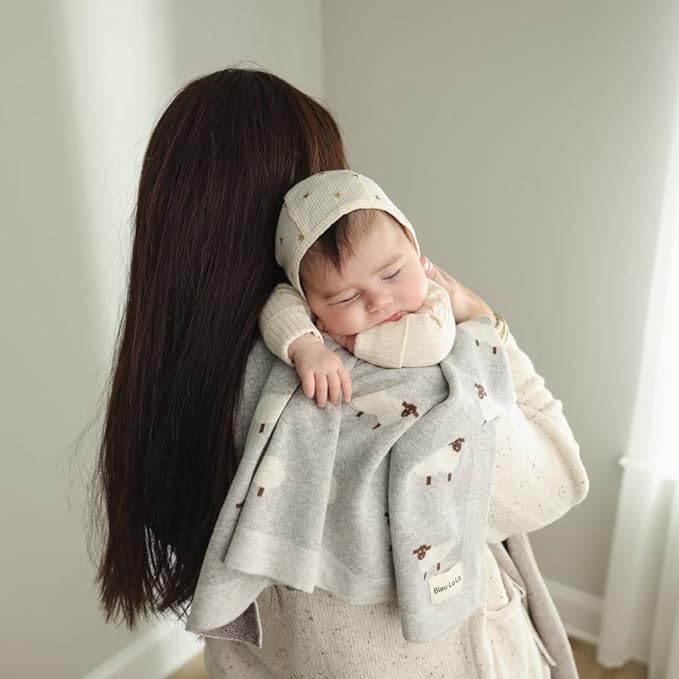 Knit Baby Swaddle Blanket for Boys - 100% Cotton Soft Cozy Lightweight Receiving Swaddling Stroller Quilt Blanket for Newborns Infants Toddlers (Sheep - Baby Blue)