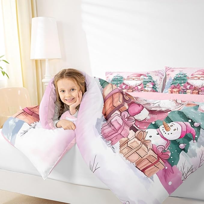 Feelyou Pink Christmas Comforter Set All Season Santa Claus Bedding Set with 1 Pillow Cases Cute Snowflake Kids Twin Bedclothes Merry Christmas Tree and Snowman Decor Duvet Quilt Soft