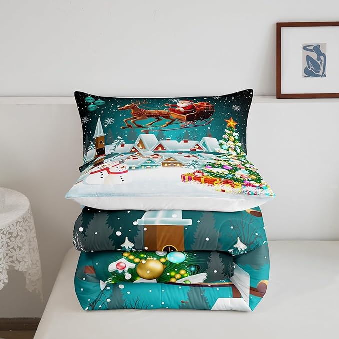 Manfei Christmas Comforter Set Queen Size, Xmas Tree Snowman Bedding Set 3pcs for Kids Boys Girls Room Decor, Santa Claus with Reindeer Quilt Set New Year Theme Duvet Set with 2 Pillowcases