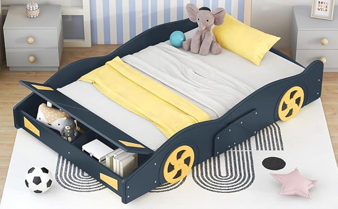 Harper & Bright Designs Full Size Race Car-Shaped Platform Bed with Wheels and Storage, Dark Blue+Yellow