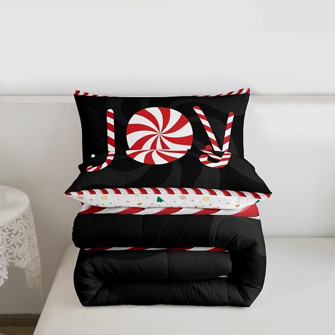 Kids Merry Christmas Comforter Set King Size,Holiday Joy Sweet Candies Bedding,Girls Boys Adults Bedroom/Xmas Cabin Decor,Wave Geometric Retro Down Comforter,Red Black Duvet Insert,2 Pillowcases