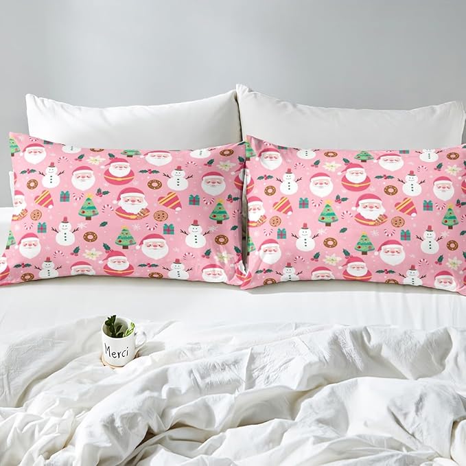 Feelyou Christmas Santa Comforter Cover Queen Size Cute Snowman Duvet Cover Xmas Holiday Bedding Set Gifts for Kids Boys Girls,Christmas Tree Snowflake Candy Decor 2 Pillow Cases Pink