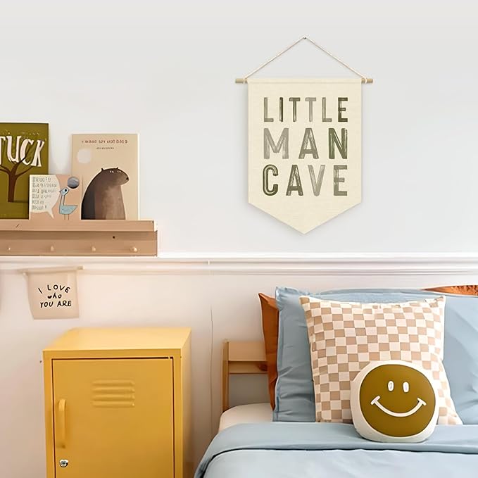 Sage Green Wall Decor, Little Man Cave Sign for Boys, Boy Nursery Decor, Boys Room Wall Hanging Pennant Flag Banner Decor for Nursery Classroom Playroom Kids Room, Playroom Essentials