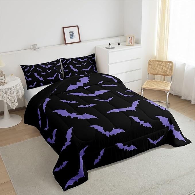 Erosebridal Happy Halloween Comforter Set with 1 Pillow Case Dark Purple Gothic Bats Quilt Twin Size for Kids Boys Black Spooky Cartoon Gothic Bedding Set