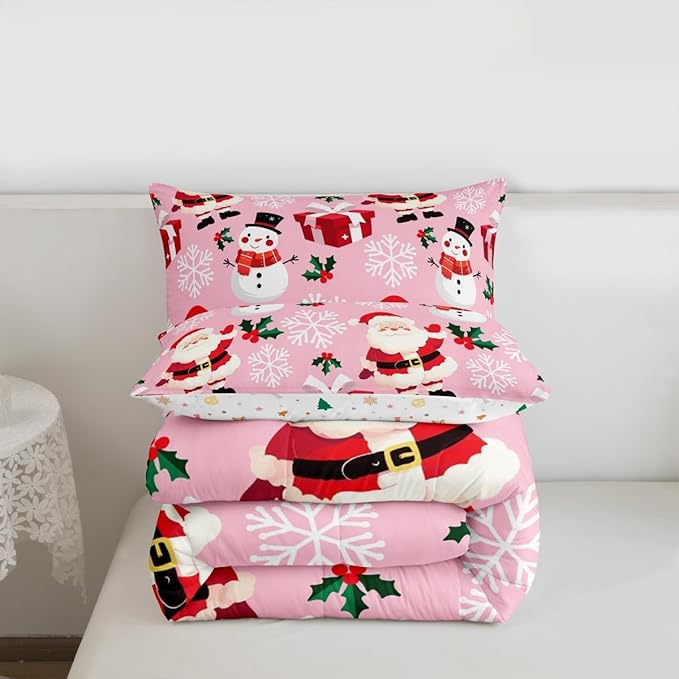 jejeloiu Merry Christmas Comforter Set Twin Size Xmas Santa Claus Bedding Set for Kids Boys Girls Cute Snowman Duvet Quilt Pink Bedroom Decor