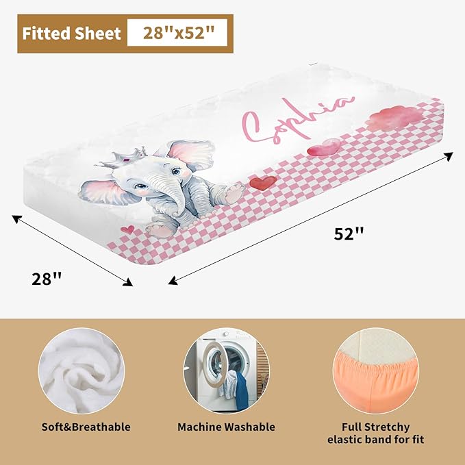 Custom Baby Crib Bedding Set, 3 Pcs Personalized Nursery Bedding Set with Name, Soft Baby Bedding Crib Sets with Blanket - Toddler Crib Set for Girl Boy, Infant Newborn Gift, Pink Cute Elephant