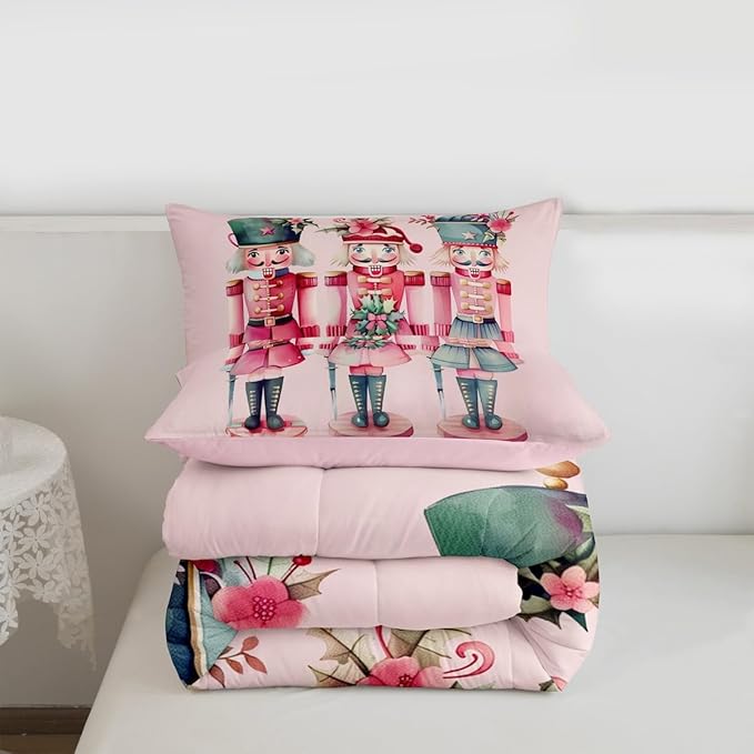 Feelyou Christmas Decorations Nutcrackers Kids Comforter Set King Size Pink Christmas Bedding Set Funny Nutcracker Duvet Quilt for Kids Boys Girls Bedroom Berries Printed Decor Kawaii Soft Breathable