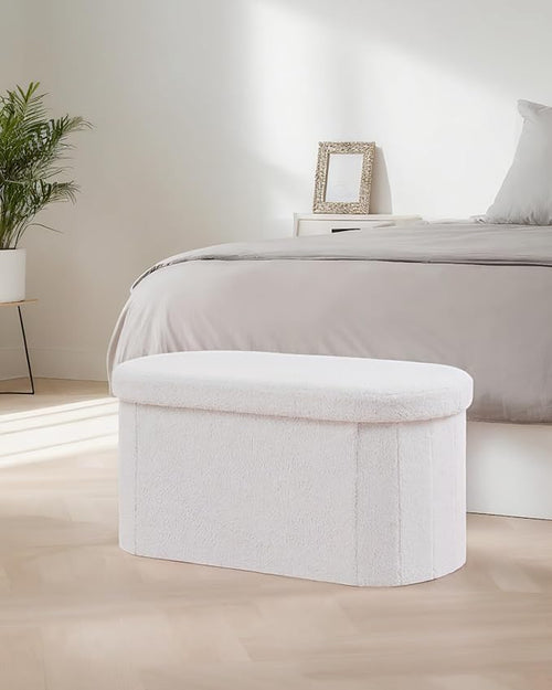 30" Oval Foldable Ottoman with Storage, Teddy Boucle Fabric Footrest, Storage Bench for Living Room, Bedroom, Entryway, Dorm, White