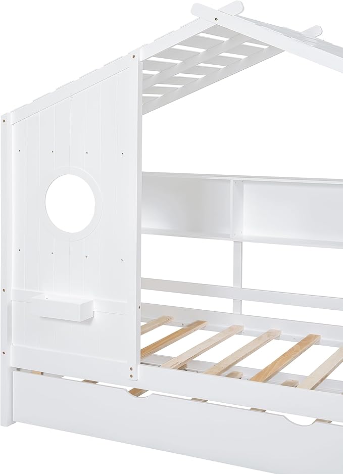 Twin Size House Bed with Roof and Window for Kids, Wooden Playhouse Bed with Storage Shelves and Trundle for Bedroom Furniture Girls & Boys (White/T1)