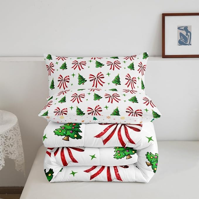 Manfei Merry Christmas Comforter Set Twin Size, Red Bow Green Tree Bedding Set 2pcs, New Year Theme Down Comforter for All Season, Kids Girls Room Decor, Lightweight Duvet Insert, 1 Pillowcase