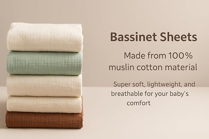 Muslin Bassinet Sheets 33x17 Inches White Bassinet Sheets Rectangle/Oval 2 Pack, Soft Fitted Bassinet Mattress Cover, Safe for Boy or Girl, Breathable Muslin, Easy Fit, No More Loose, Unsafe Sheets