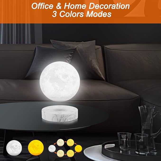 VGAzer Levitating Moon Lamp,Floating and Spinning in Air Freely with 3D Printing LED Moon Light Has 3 Colors for Unique Christmas Gifts,Room Decor (Marble Base 3 Colors)