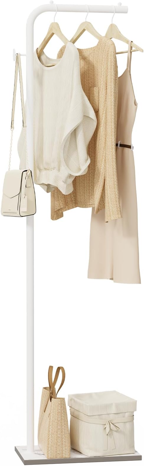 OUTBROS Metal Coat Rack, L-shaped Modern Hanger with Hooks, Freestanding Clothes Rack, Used in Bedroom, Entrance, 15.3 x 10.2 x 70.8 inch, White